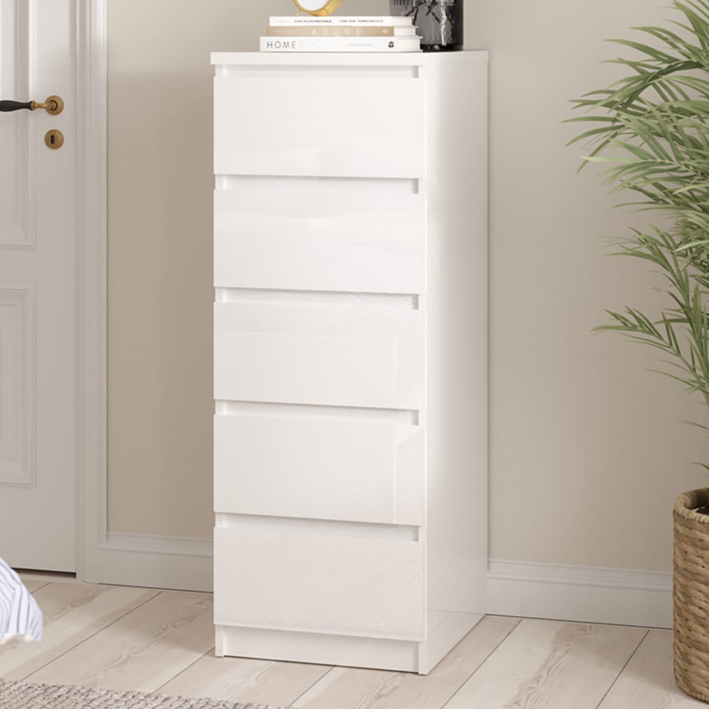 Florence 5 Drawer White High Gloss Narrow Chest of Drawers Image 1