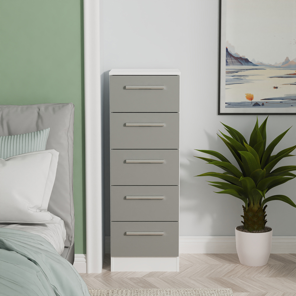 Crowndale Contrast 5 Drawer Dusk Grey and White Tall Bedside Cabinet Ready Assembled Image 6