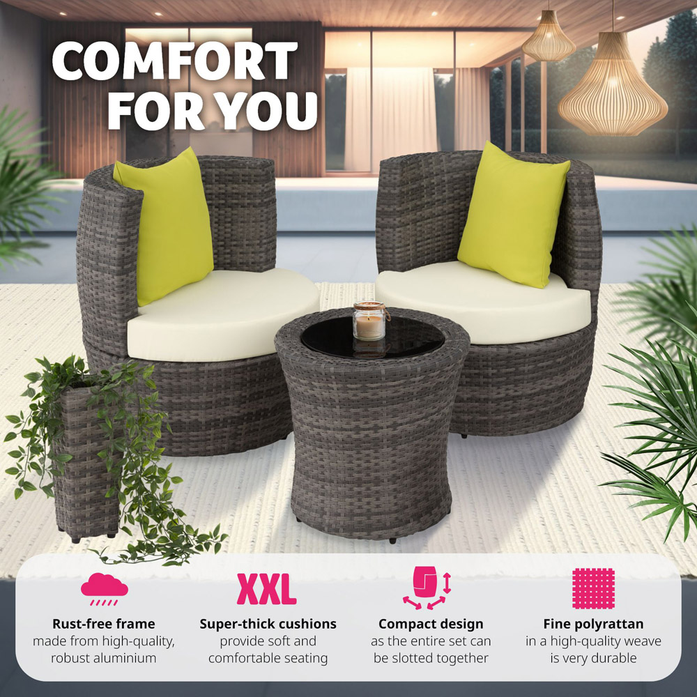 tectake Nizza 2 Seater Rattan Garden Bistro Set with Vase Grey Image 4