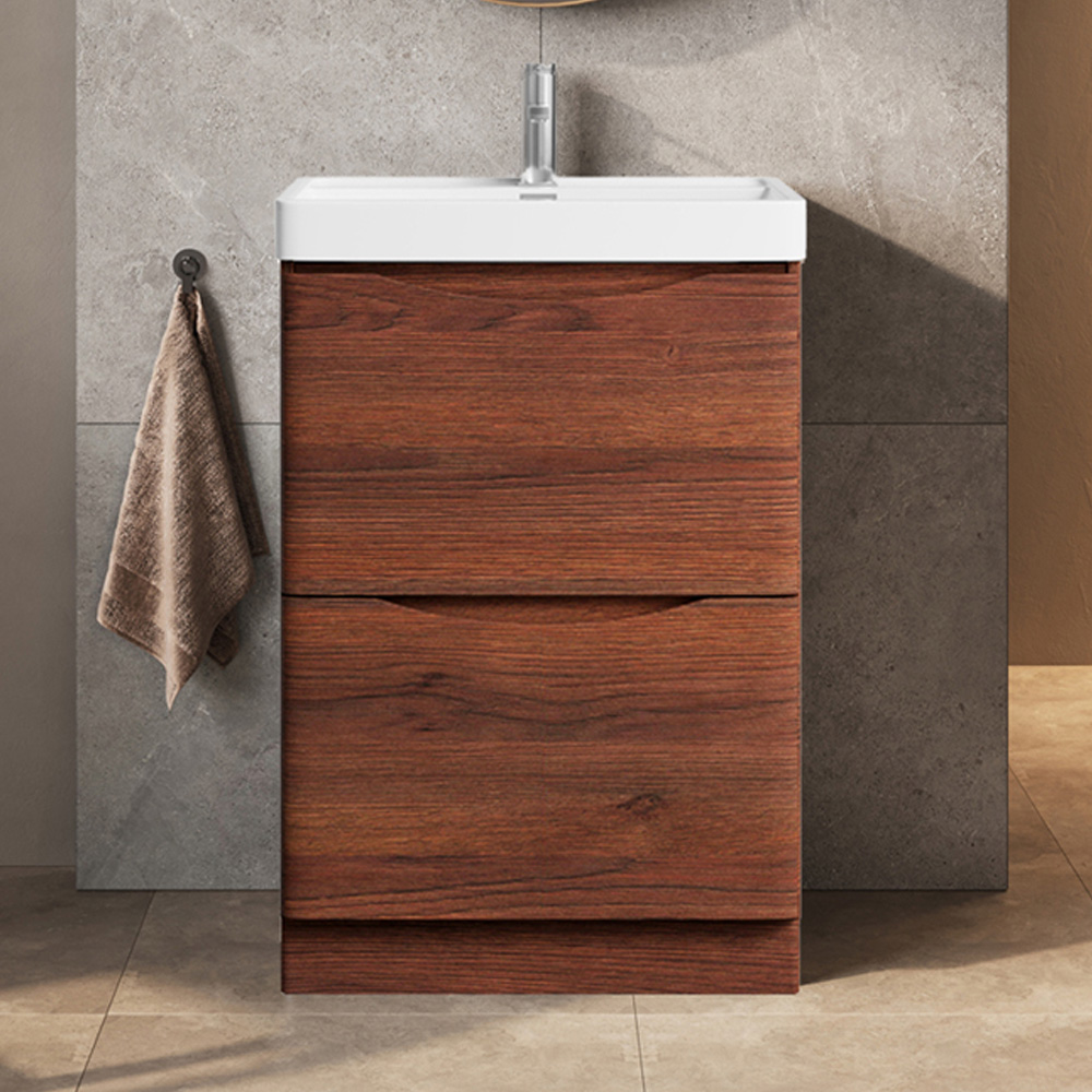 Go Bathrooms 2 Drawer Oak Floor Standing Vanity Unit with Ceramic Basin 600mm Image 1