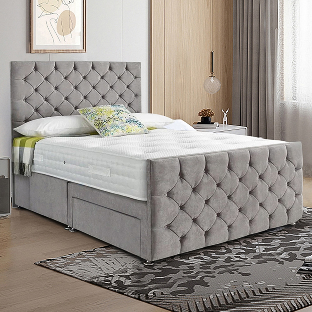 Eleganza Home Dreamscape King Size Silver Plush Velvet Single Drawer Divan Bed with Headboard Image 1
