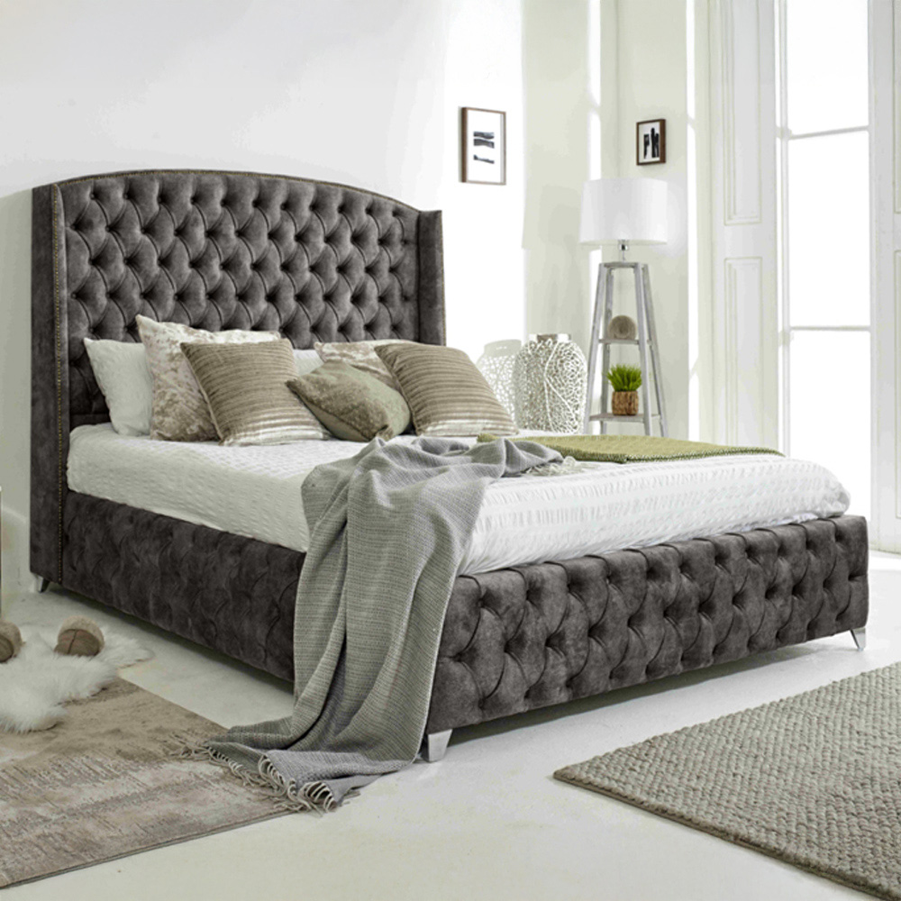 Eleganza Home Winfield King Size Grey Oakland Fabric Bed Frame with Chesterfield Headboard Image 1