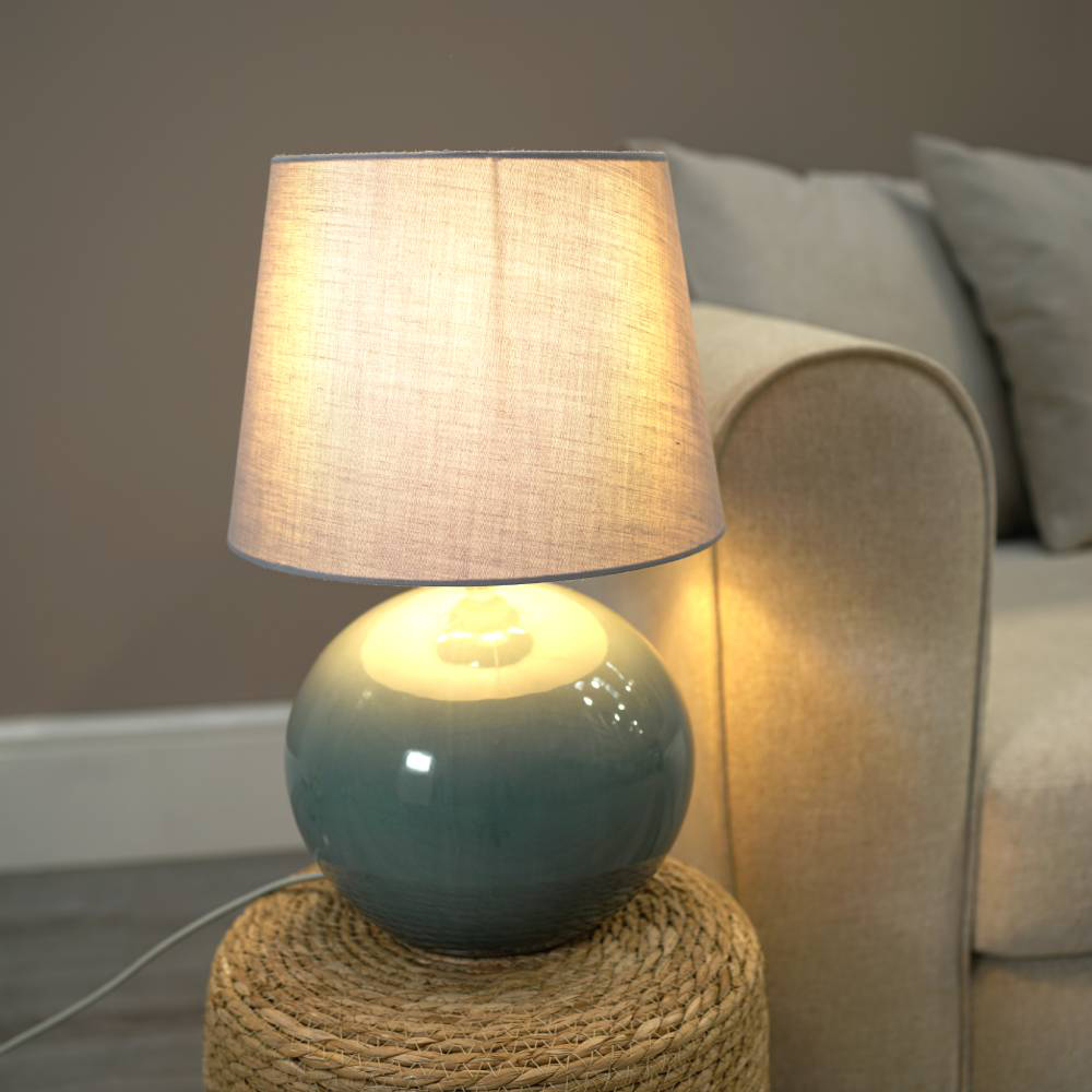 ValueLights Bosco Eucalyptus Teal Grey Fabric Tapered Shade Ceramic LED Table Lamp Image 2