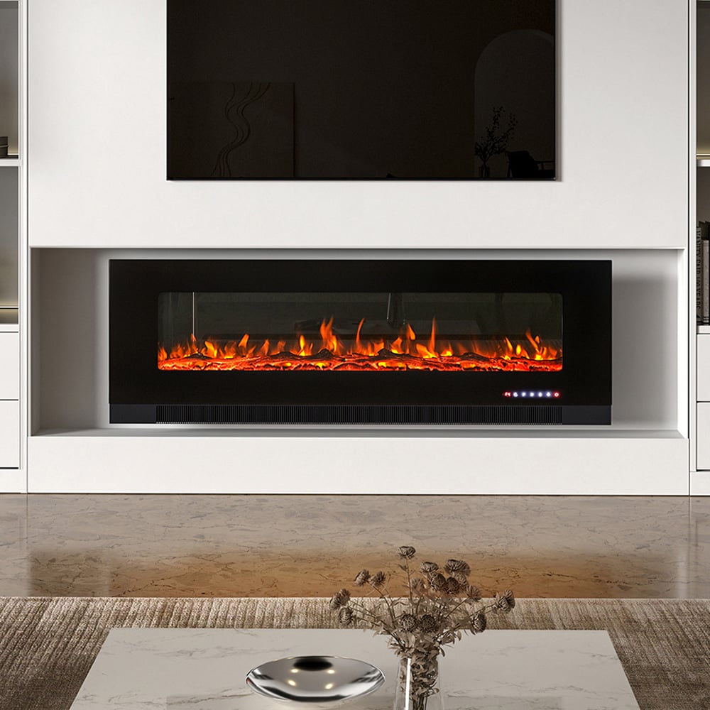 Living and Home Wall Mounted Recessed Electric Fireplace with Faux Log and Pebble Accents 60 inch Image 7