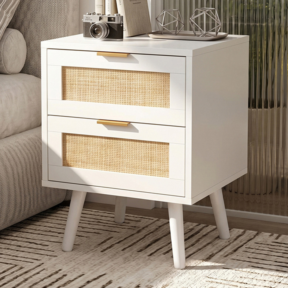 Living and Home 2 Drawer White Rattan Bedside Table Set of 2 Image 1