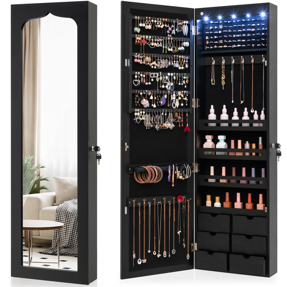 Costway Black Mirror Wall Mounted Jewellery Armoire with LED Lights Image 3