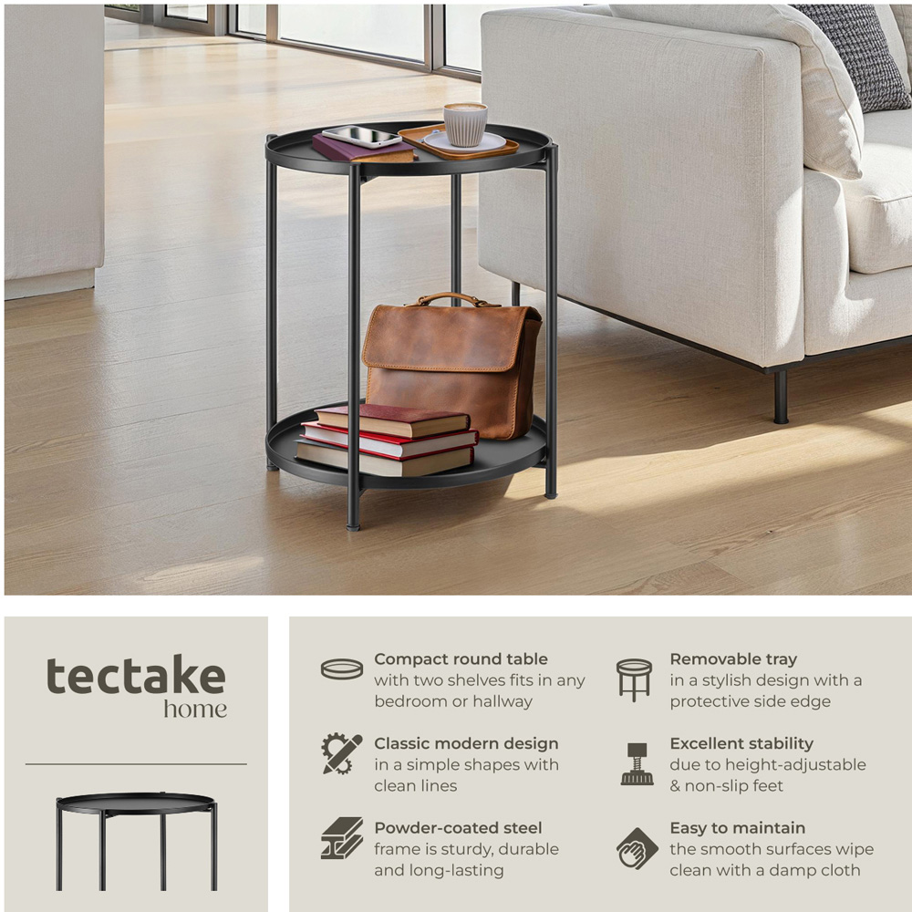 tectake Oxford 2 Shelf Black Round Bedside Table Image 3
