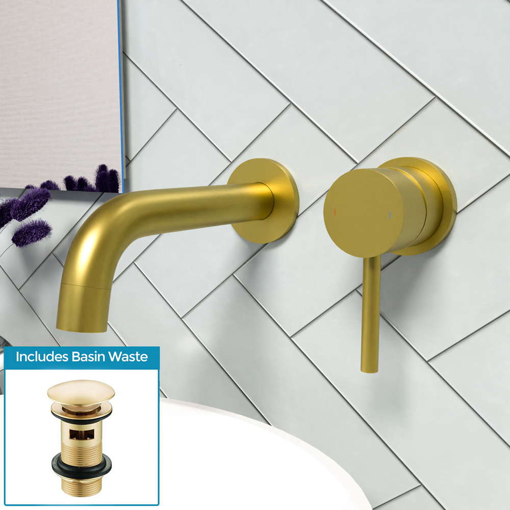 Nes Home Remy Brushed Brass Wall Mounted Basin Mono Tap with Waste Image 2