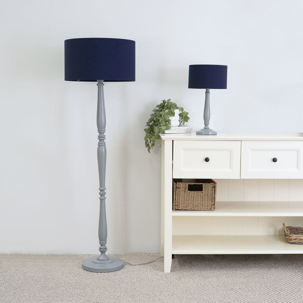 ValueLights Victoria Navy Blue Fabric Drum Shade Grey Wood Traditional Stem LED Table Lamp Image 5