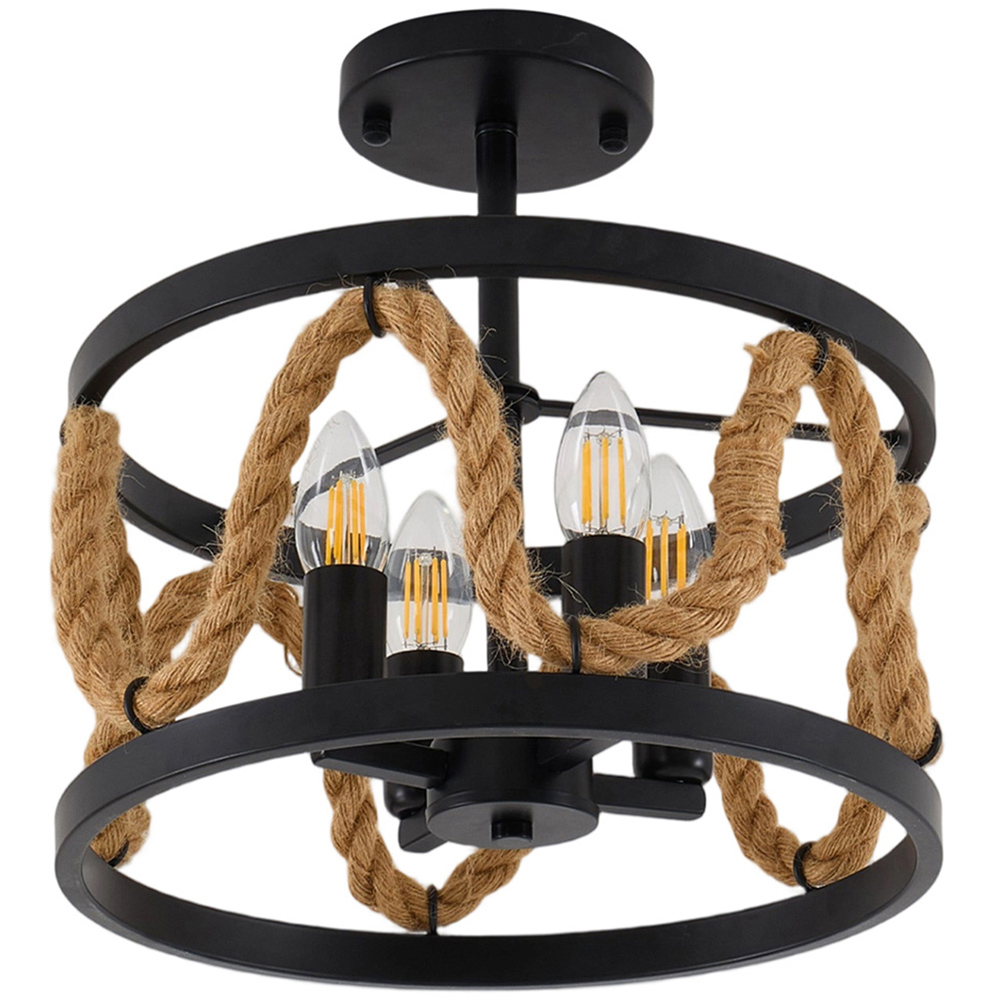 Living and Home 4 Light Black Metal and Hemp Rope E14 Ceiling Light Image 5