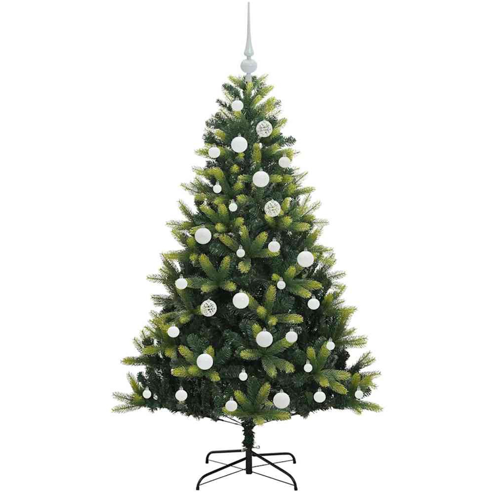 vidaXL Pre-Lit White Baubles Green Artificial Hinged Christmas Tree 5ft Image 4