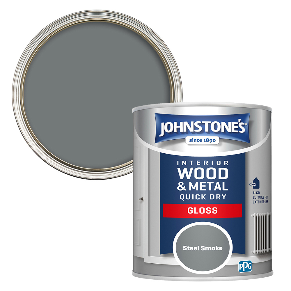 Johnstone's Quick Dry Wood and Metal Steel Smoke Gloss Paint 750ml Image 1