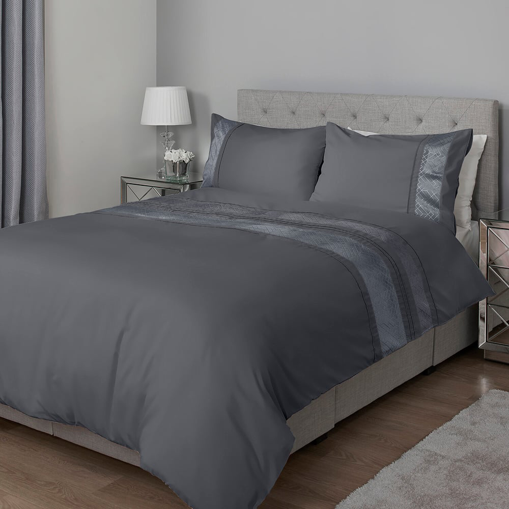 My Home King Charcoal Geo Velvet Stripe Duvet Cover and Pillowcase Set Image 2