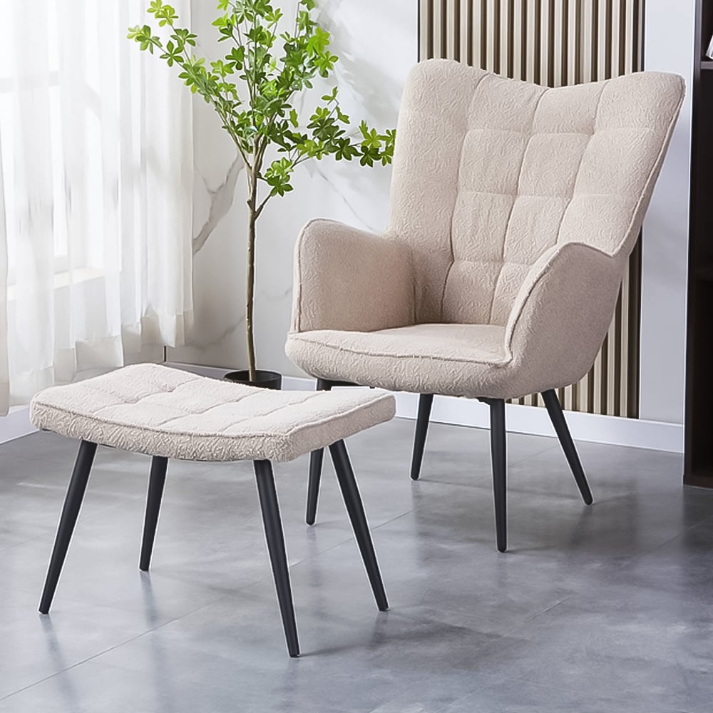 Paris Boucle Light Brown Armchair and Footstool Set Image 1
