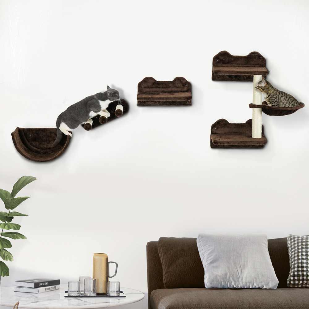 PawHut 4 Piece Wall Mounted Dark Brown Cat Wall Shelves with Scratching Post Image 2
