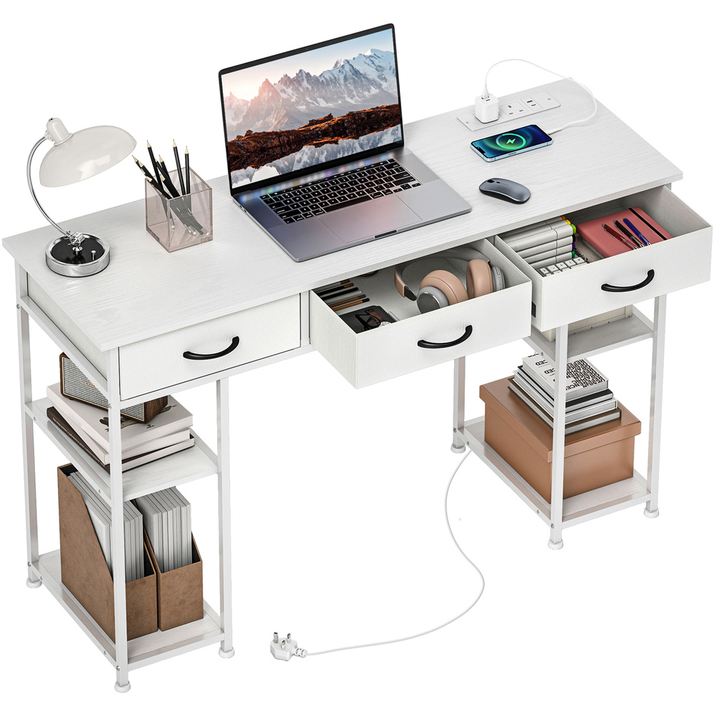 HOMCOM 3 Drawer 4 Shelf Computer Desk with Power Outlets White Image 2
