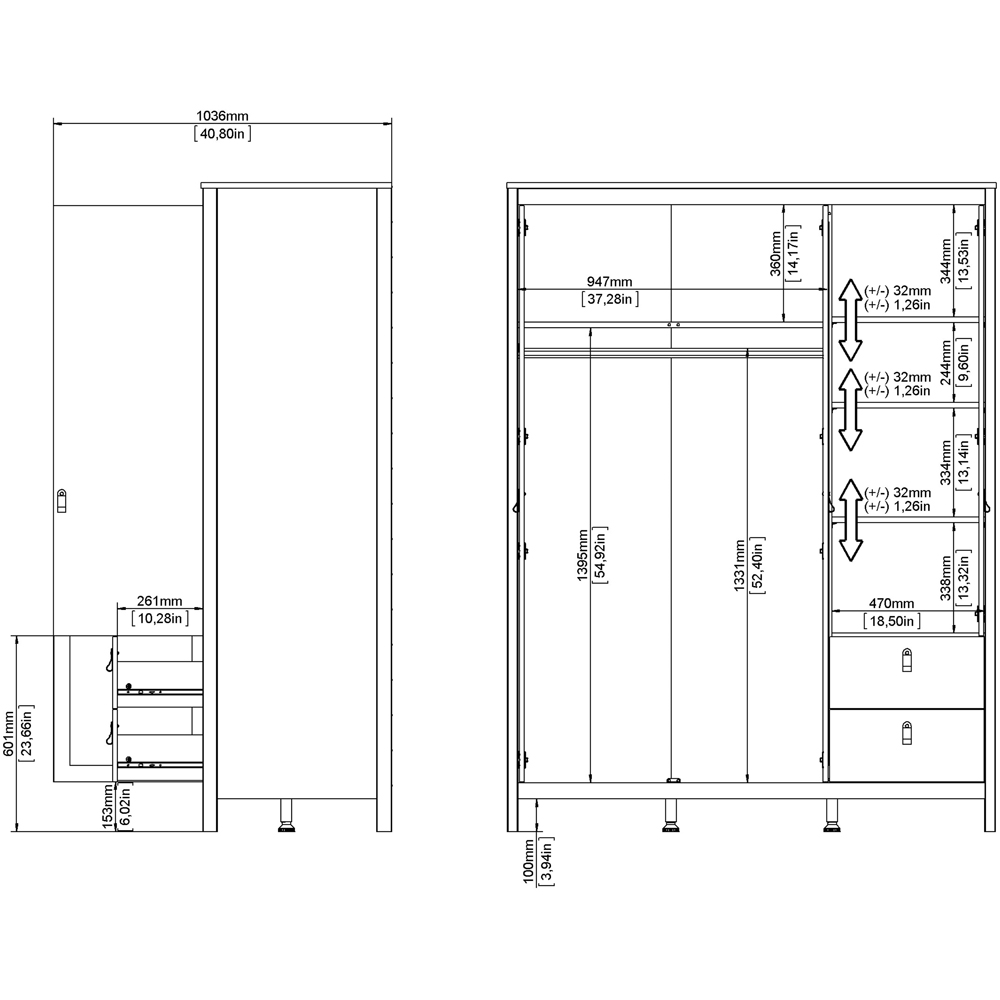 Florence Barcelona 3 Door 2 Drawer Cashmere Wardrobe with Mirror Image 8