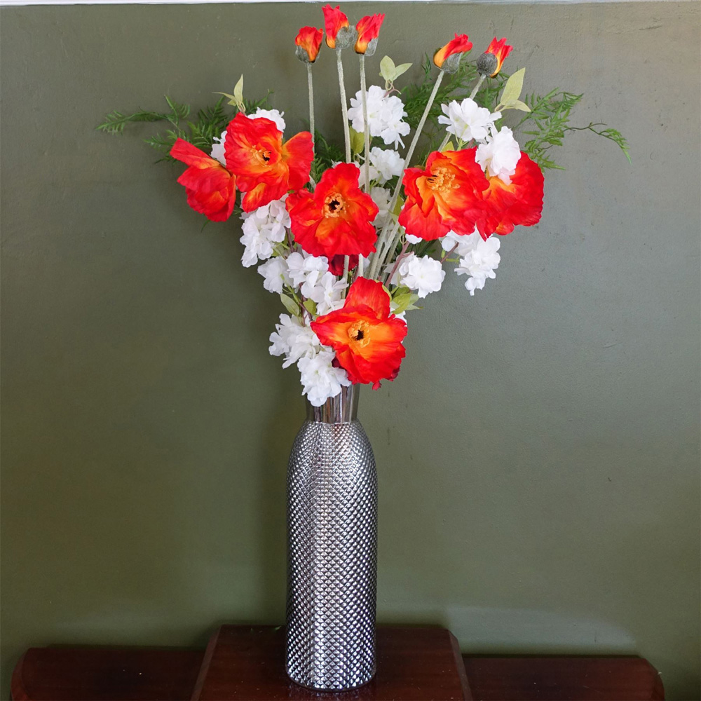 Leaf Poppy and White Blossom Artificial Flower Bundle with Glass Vase 100cm 11 Pack Image 2