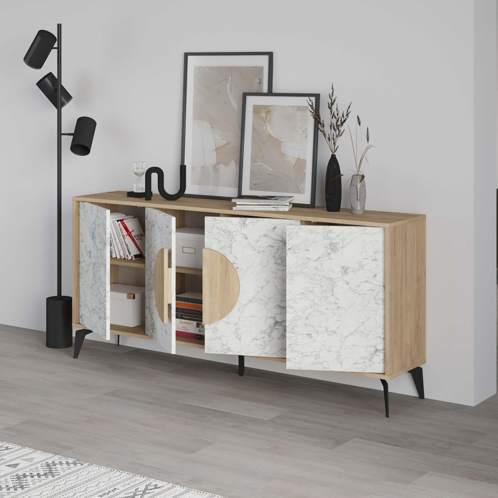 Decortie Gora 4 Door Oak and White Marble Effect Sideboard Image 4
