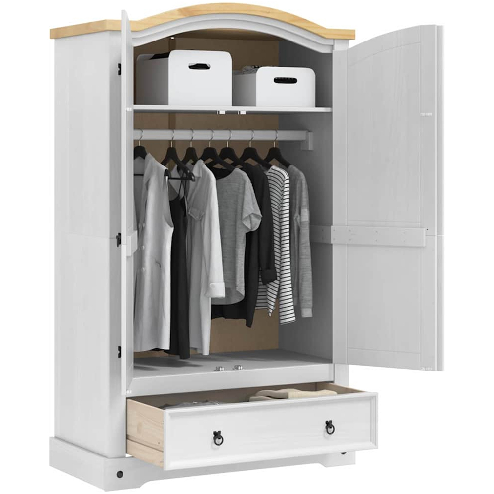 vidaXL Corona 2 Door Single Drawer White Solid Pine Wood Wardrobe Image 3