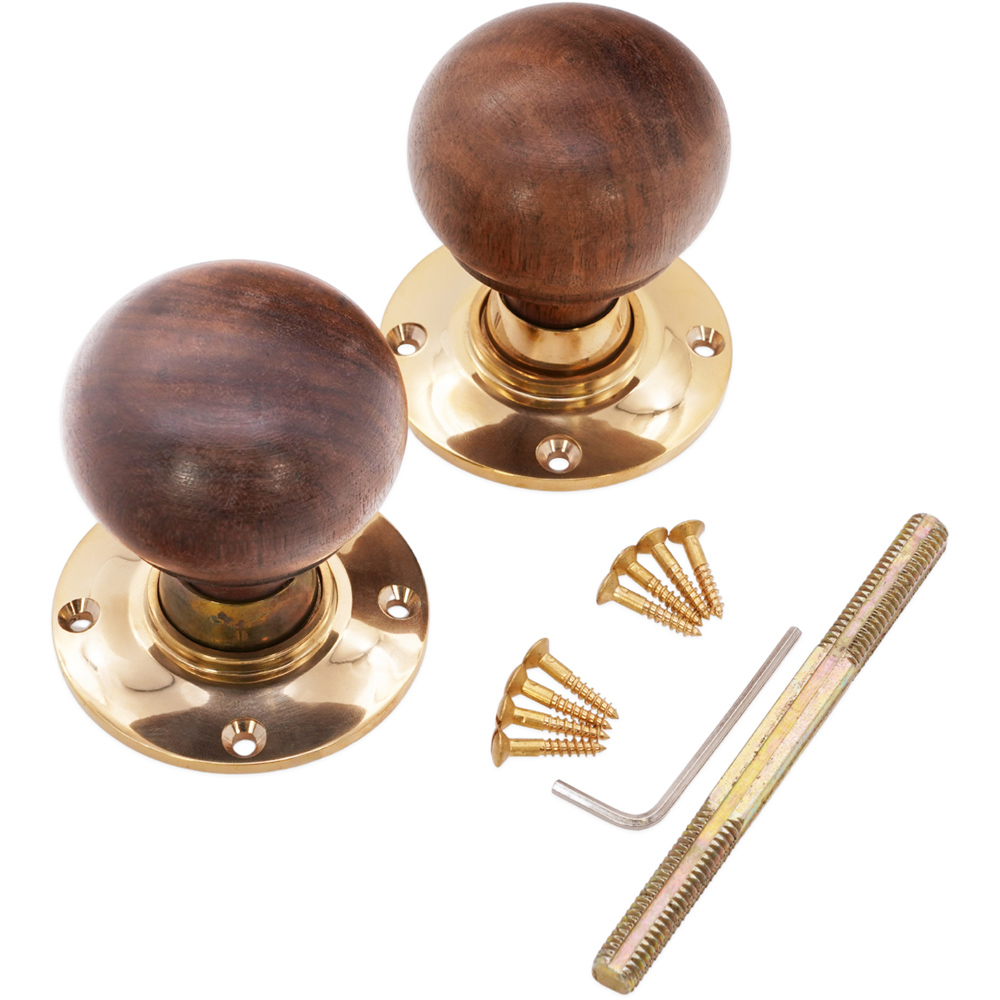 Spira Brass Polished Brass Rosewood Bun Rim and Mortice Door Knob 2 Pack Image 4