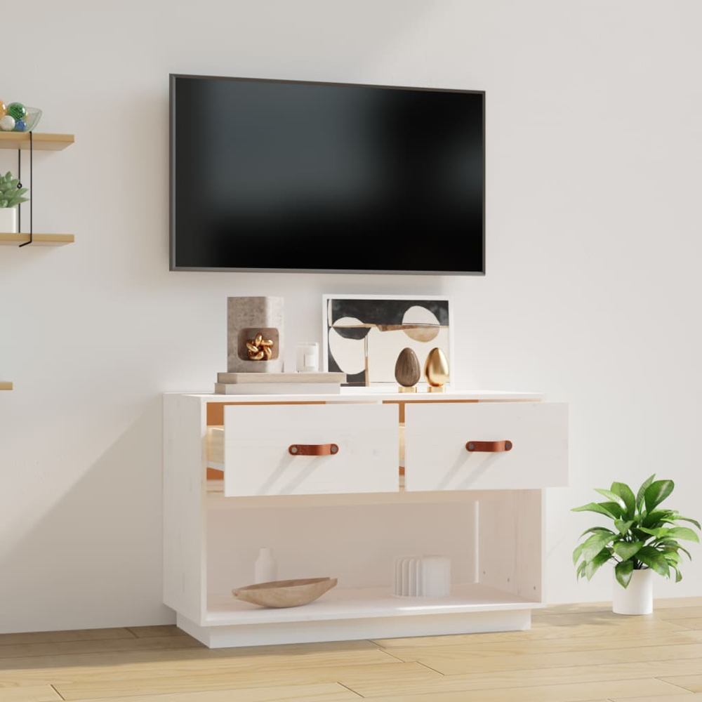 vidaXL 2 Drawer Single Shelf White Solid Pine Wood TV Cabinet Image 8