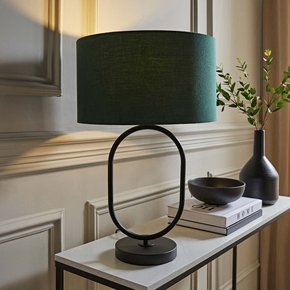ValueLights Antonia Forest Green Drum Shade Matte Black Oval LED Table Lamp Image 2