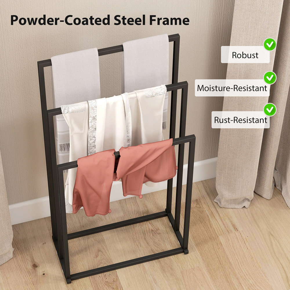 HOMCOM Black Steel Freestanding Towel Rack with 3 Bars Image 8