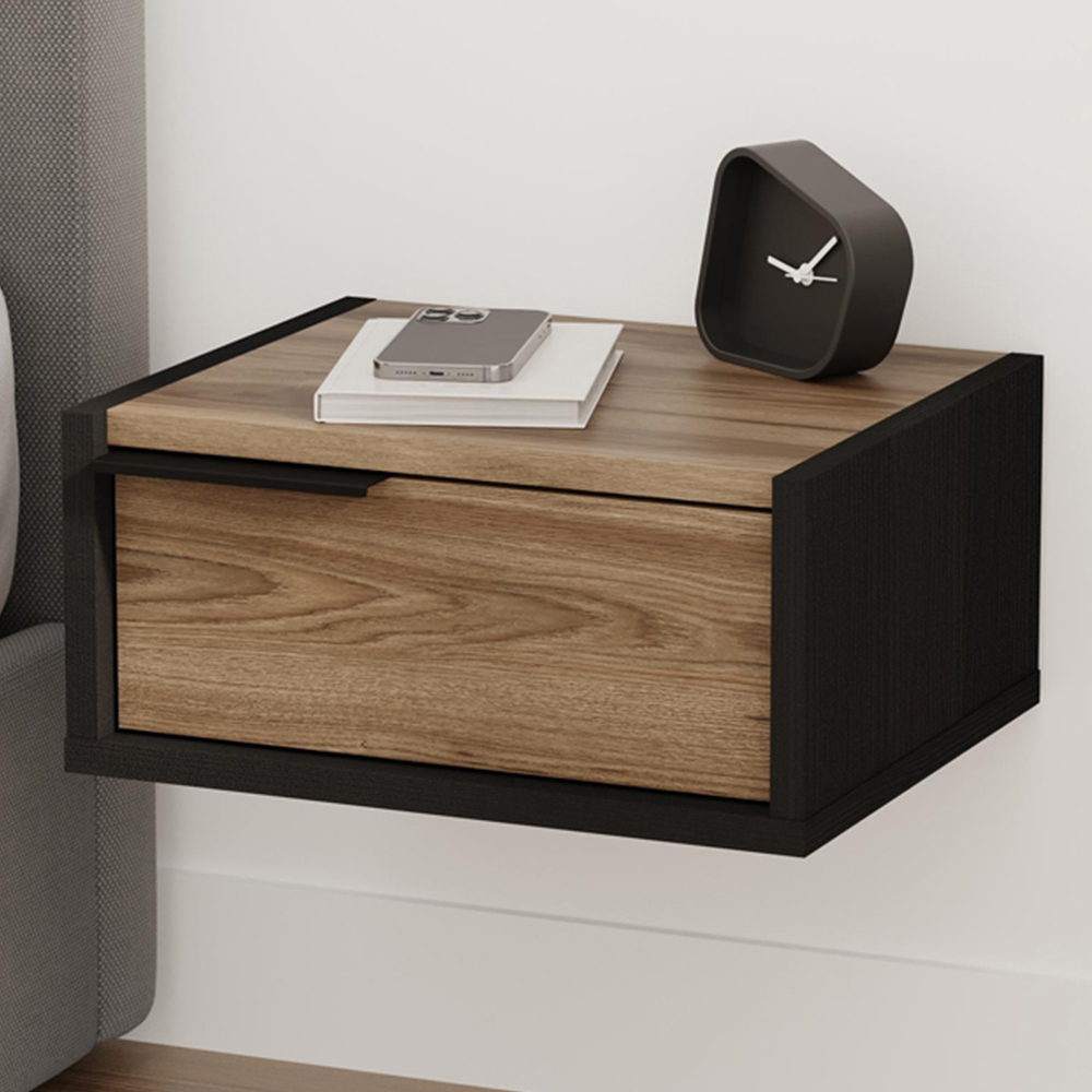 Decortie Eco Single Drawer Black Wood Wall Mounted Bedside Table Image 1