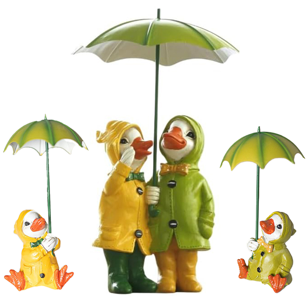 Marco Paul Duck Couple with Umbrella and 2 Sitting Duck Garden Ornament Image 1