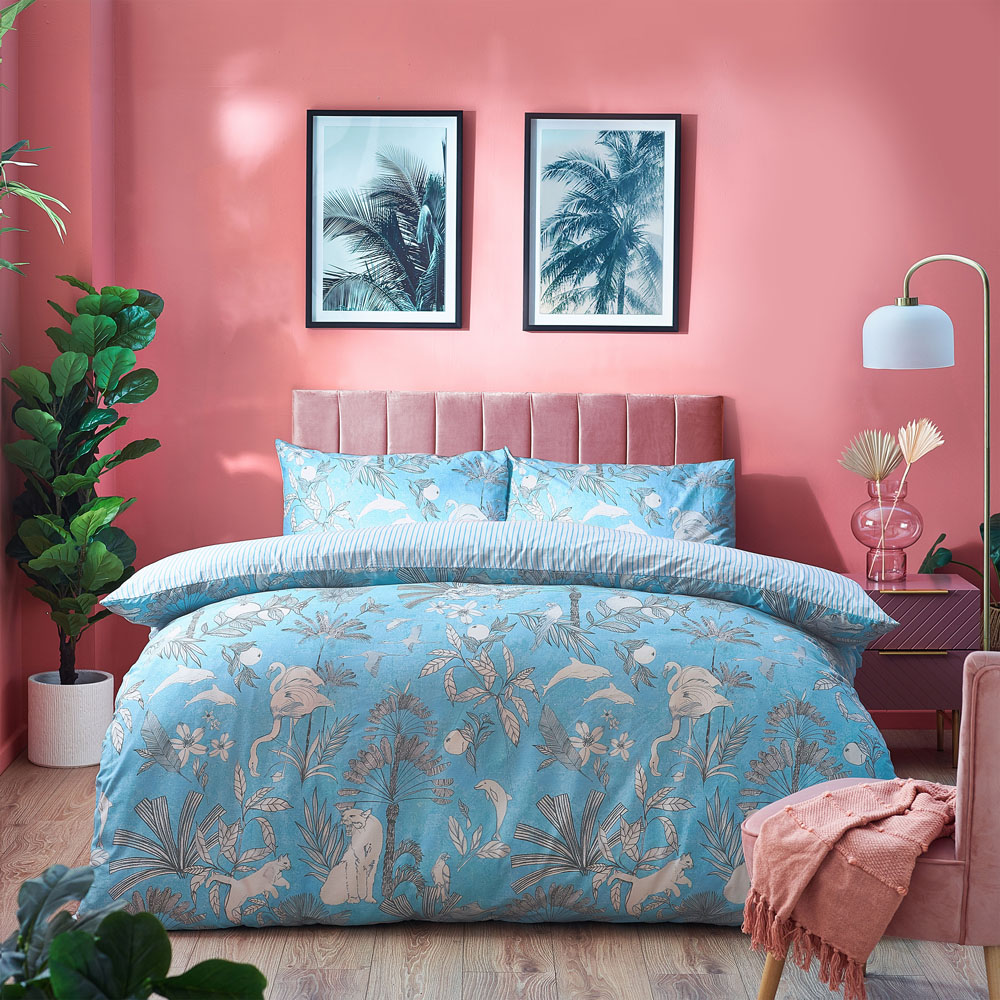 furn. Colony Palm King Size Blue Botanical Duvet Cover Set Image 6