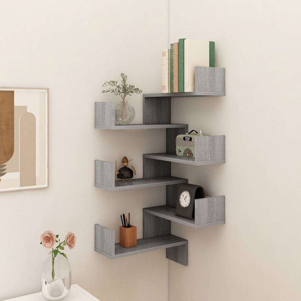 vidaXL 3-Tier Grey Corner Wall Shelf 2 Pack Image 2