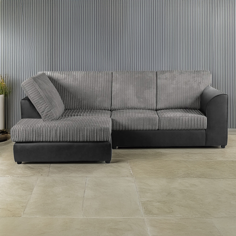 Luxor 4 Seater Black and Grey Jumbo Cord Full Back Left Hand L Shape Corner Sofa Image 1