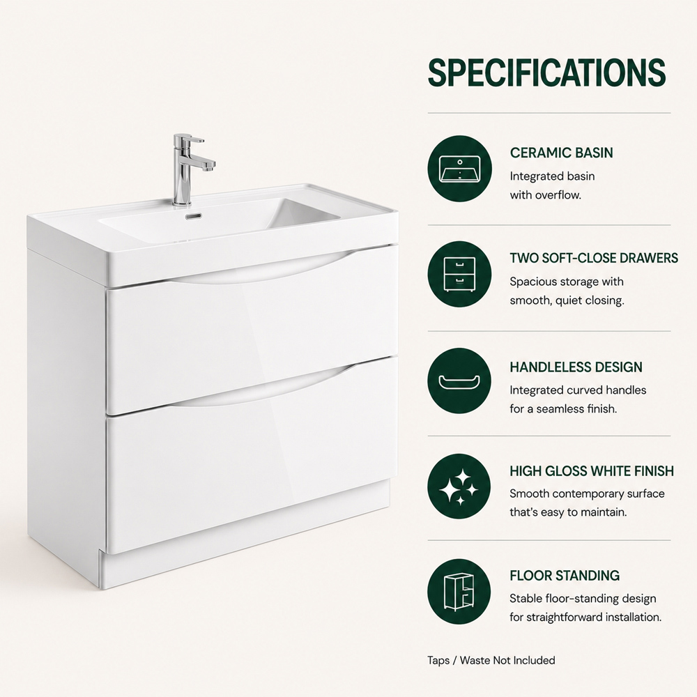 Go Bathrooms Erin 2 Drawer Gloss White Floorstanding Vanity Unit with Resin Basin 900mm Image 6