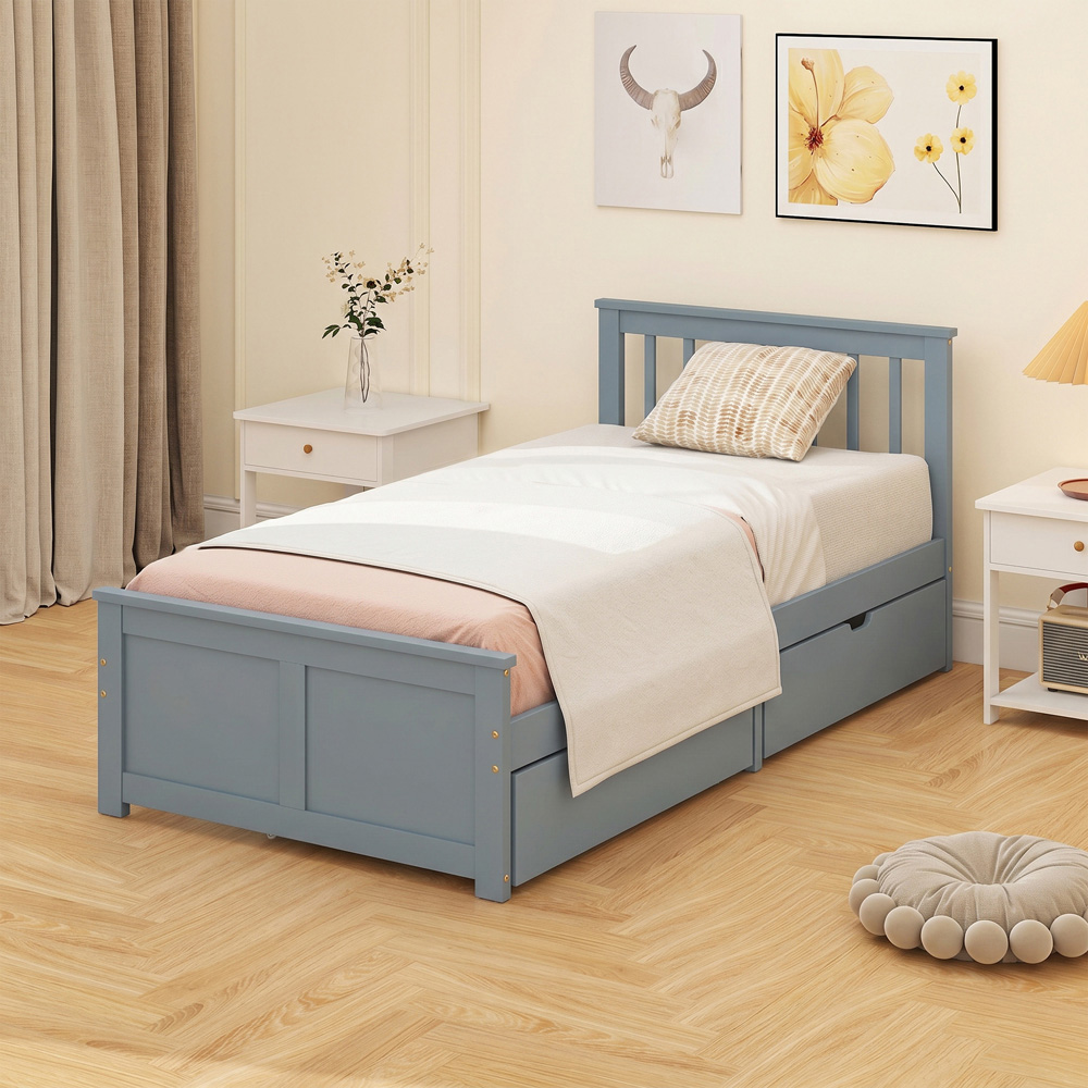 HOMCOM Single Grey Bed Frame with 2 Drawers and Headboard Image 4