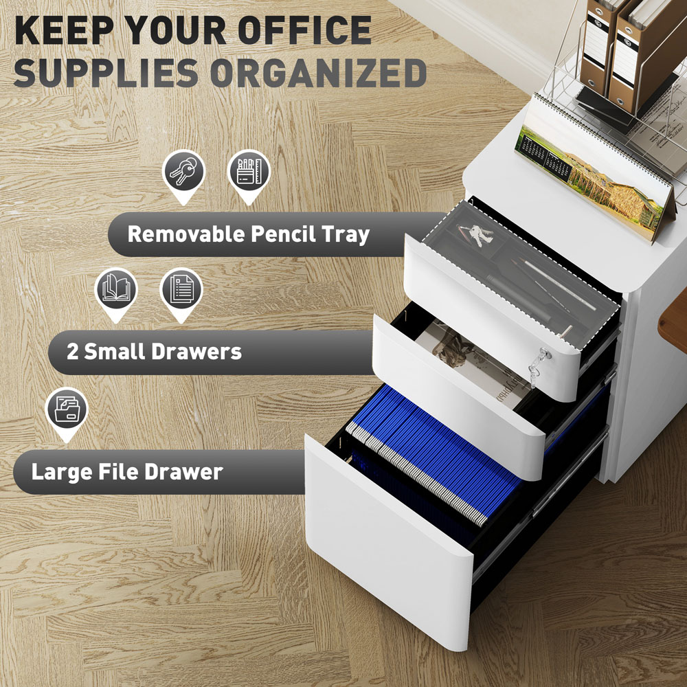 Vinsetto 3 Drawer White Steel Lockable Filing Cabinet on Wheels Image 4