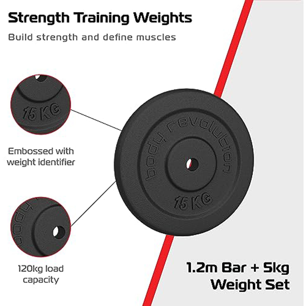 MonsterShop 1.2m 1 inch Barbell and Cast Iron Weight Plate Set 0.5kg 2.5kg 5kg 2 Pack Image 2