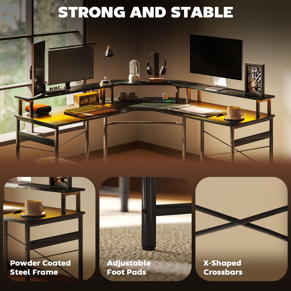 HOMCOM L-Shap Corner Computer Desk with Monitor Stand Black Image 7