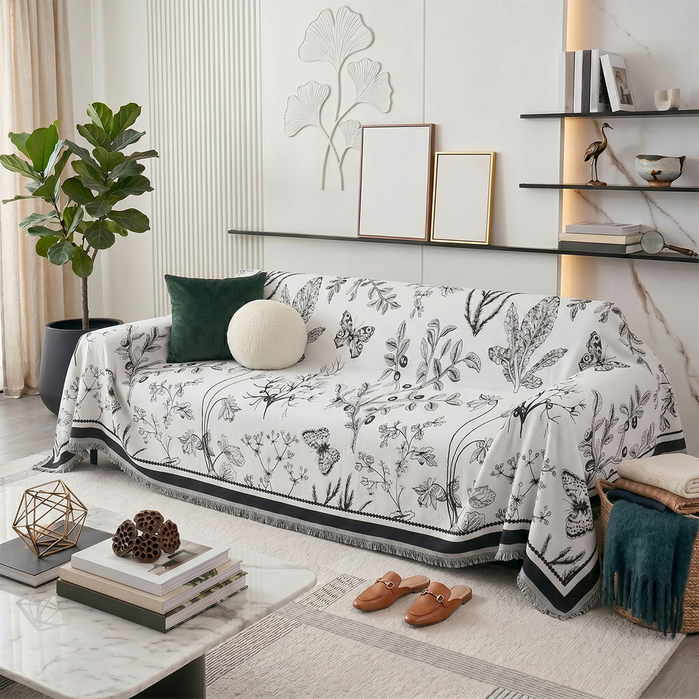Living and Home 3 Seater White and Black Butterfly Chenille Sofa Cover Image 2