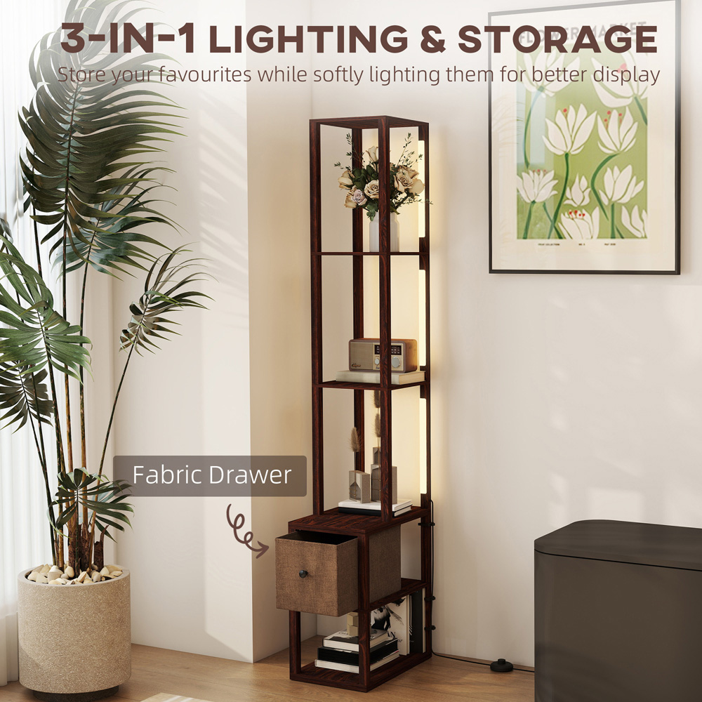 HOMCOM Single Drawer 4 Shelf Brown LED Floor Lamp Image 8