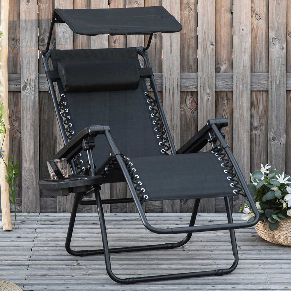Outsunny Black Zero Gravity Foldable Garden Recliner Chair with Canopy Image 1