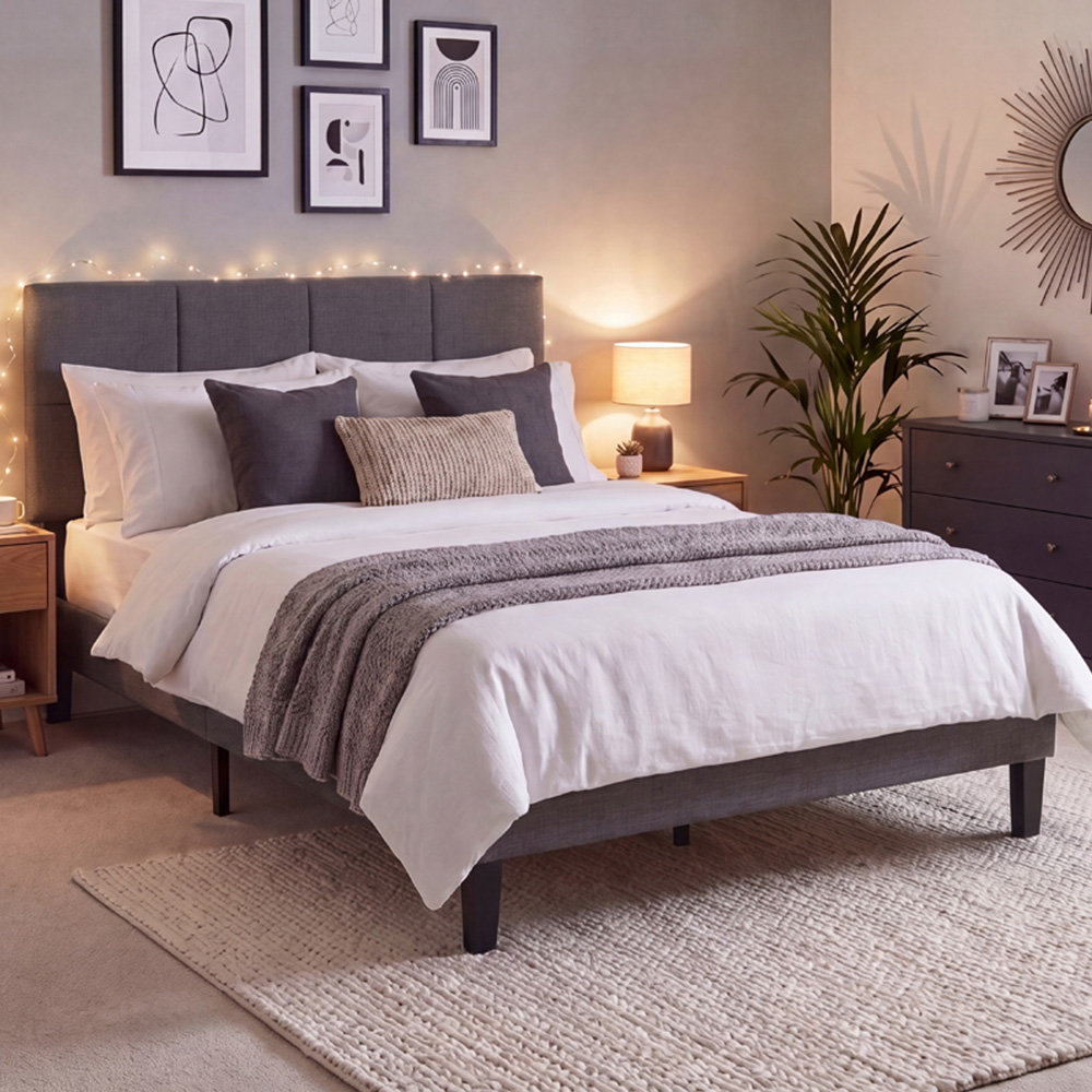VIDA DESIGNS Velmora Double Dark Grey Linen Fabric Bed Image 1