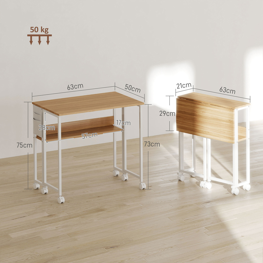 HOMCOM Single Shelf Foldable Computer Desk with Wheels and Side Bag Natural Image 9
