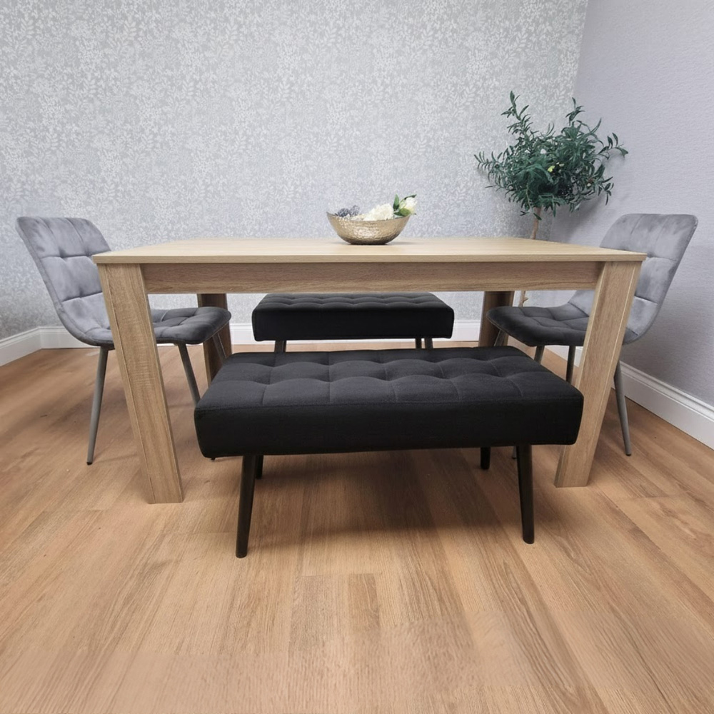 Portland 4 Seater Velvet Wooden Dining Set with Bench Oak Effect Grey and Black Image 1