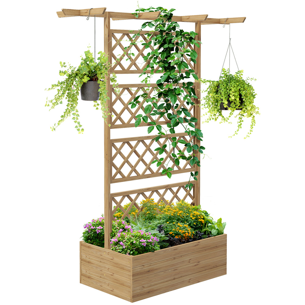 Outsunny Natural Wooden Raised Garden Bed Planter with Trellis 183 x 55 x 160cm Image 1