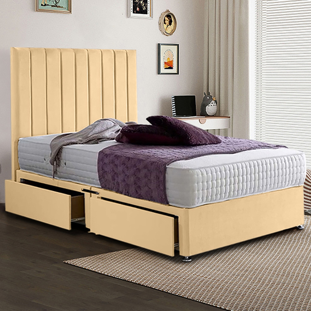 Eleganza Home Sleepytime Single Beige Plush Velvet 2 Drawer Divan Bed with Headboard Image 1