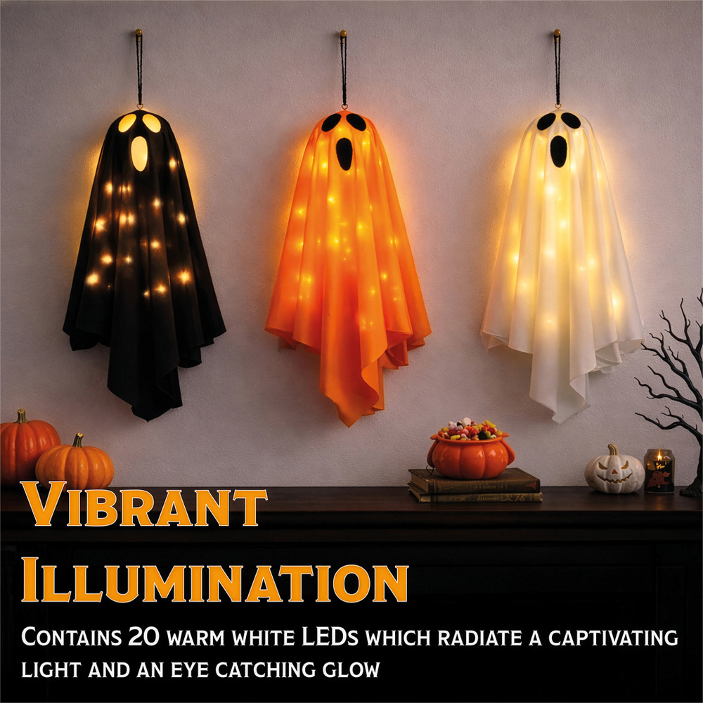 FXLab 3 Warm White LED Orange White and Black Ghost Halloween Decoration Set of 3 Image 5