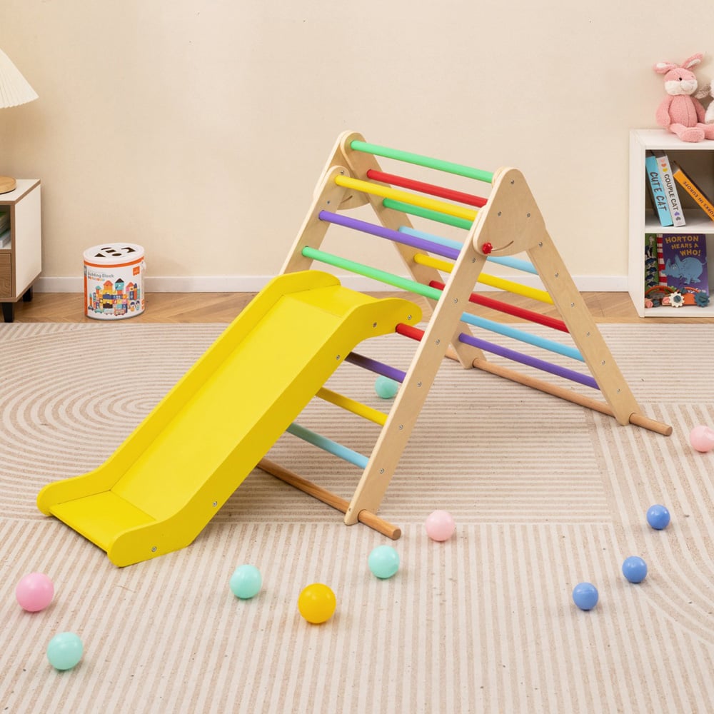 Costway Kids Multicolour Pikler Triangle Set with Slide Image 2