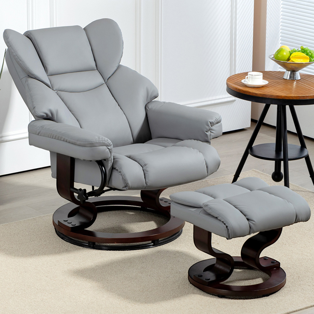 Portland Light Grey PU Leather Recliner Armchair with Footrest Image 1