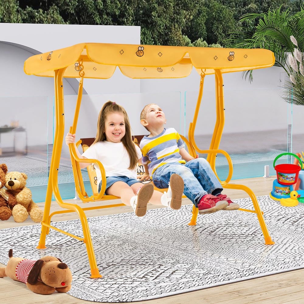 Costway 2 Seater Orange Kids Patio Swing Chair with Adjustable Canopy and Safety Belt Image 2